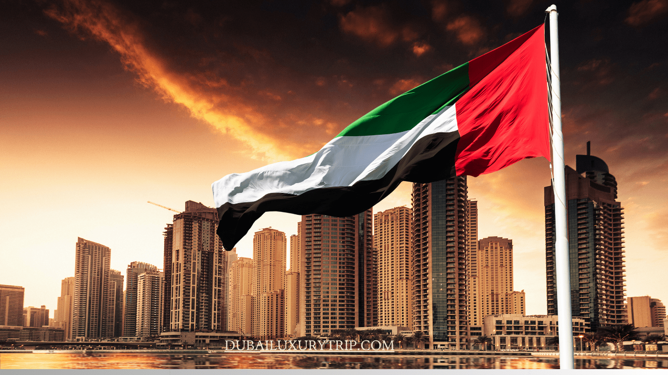 UAE Flag, Dubai towers, evening view